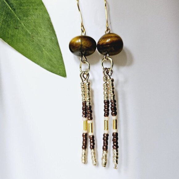2/$27 | Genuine Tigers Eye Beaded Indigenous Native Fringe Earrings | Handmade - Picture 3 of 6